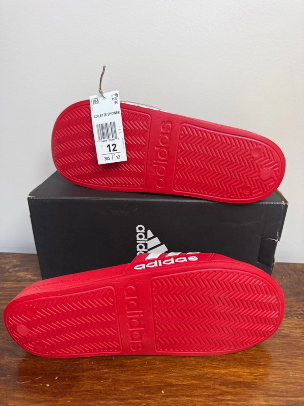 adidas New Men’s Size 12 Red Slide Sandals with White Stripes - Picture 2 of 3